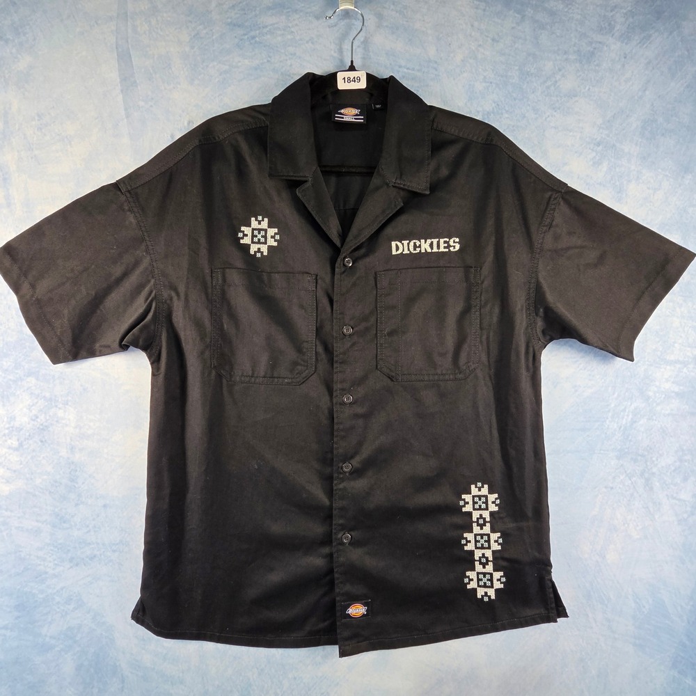 Dickies Mens Black Embroidered Short Sleeve Button Up Work‎ Shirt Small